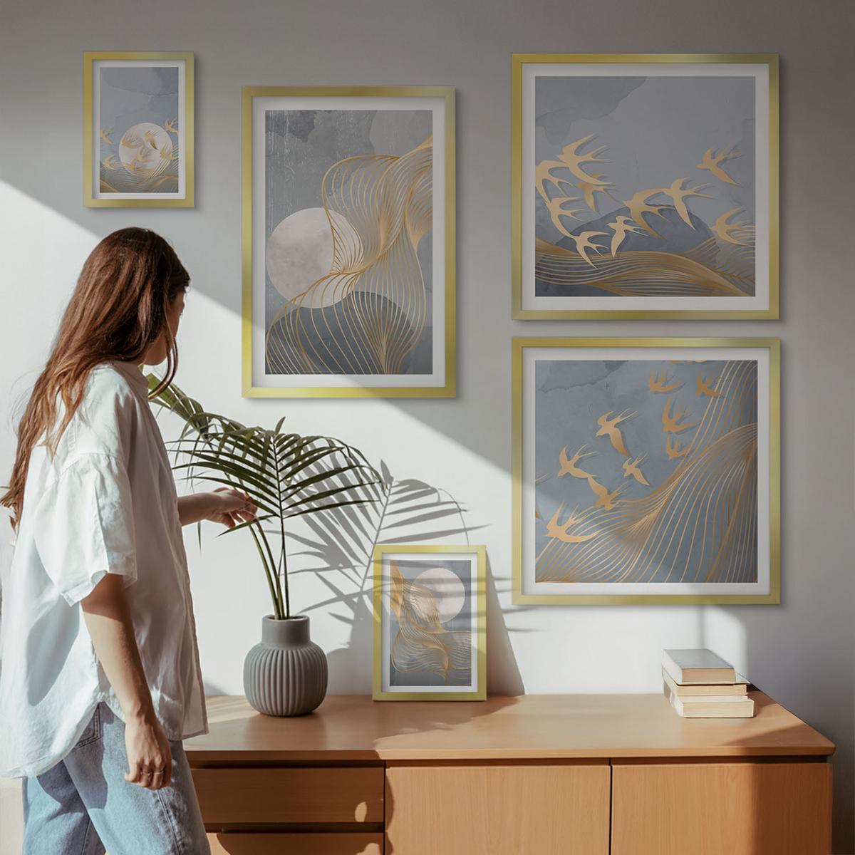 BILDER SET 5er Set - 50x50 cm & 20x30 cm & 40x60 cm Goldrahmen - Abstrakte Wellenkreise, grau - Goldfarben, Kunststoff (40/60cm) - TULUP