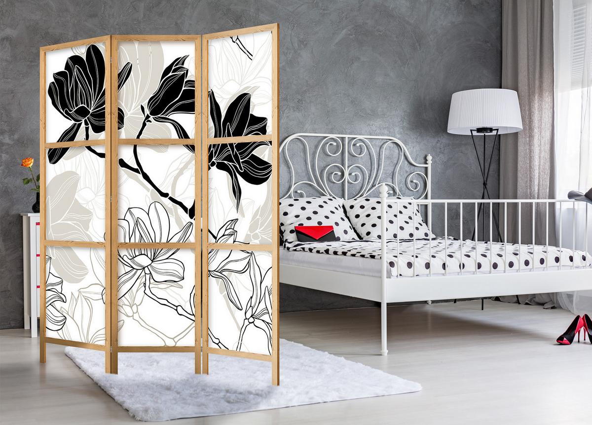 PARAVENT Japanischer 3-tlg 135x172 cm Schwarz-Wei e Magnolien - Weiß, Holz/Textil (135/172/3cm) - Muralo