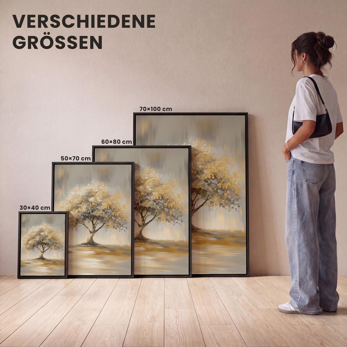 LEINWAND Bilder mit Rahmen - Gemälde - Baum - Abstrakt - Blätter - 30x40 - Beige, Textil (30/40cm) - MuchoWow