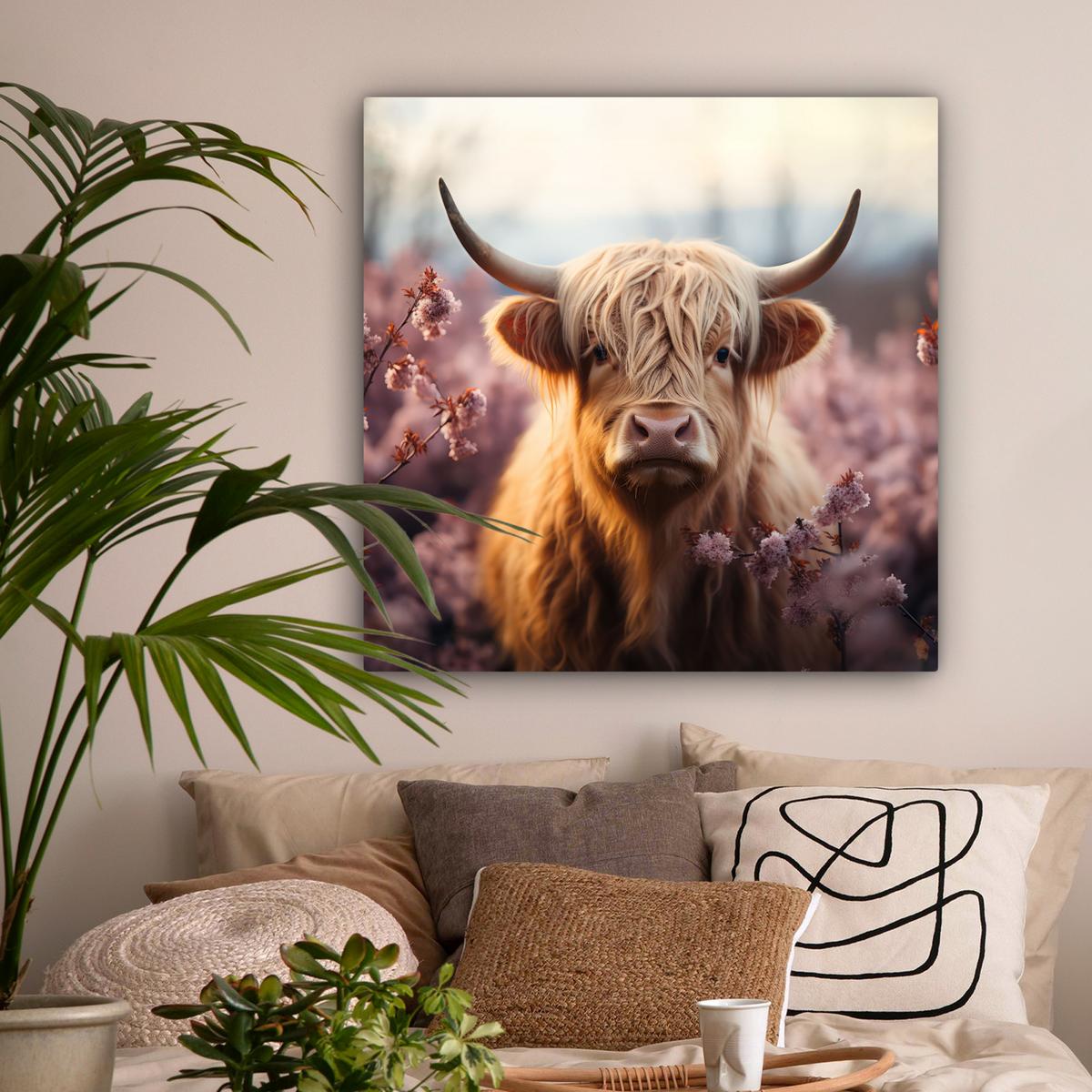 LEINWANDBILD Schottischer Hochländer - Frühling - Hochland Deko Groß 90x90 cm - Hellrosa, Textil (90/90cm) - MuchoWow