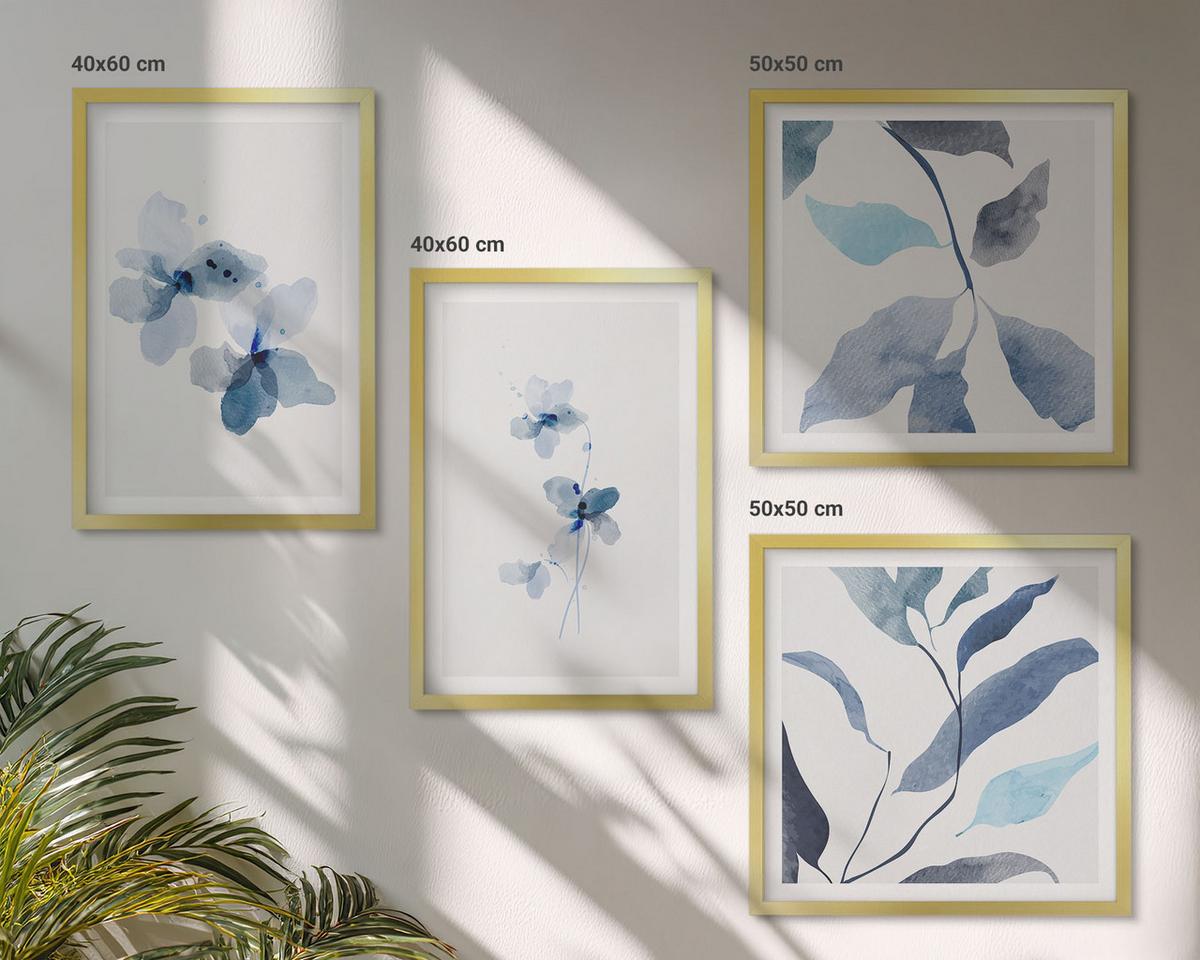 BILDER SET 4er Set - 50x50 cm & 40x60 cm Goldrahmen - Minimalistische blaue Blumen - Goldfarben, Kunststoff (50/50cm) - TULUP
