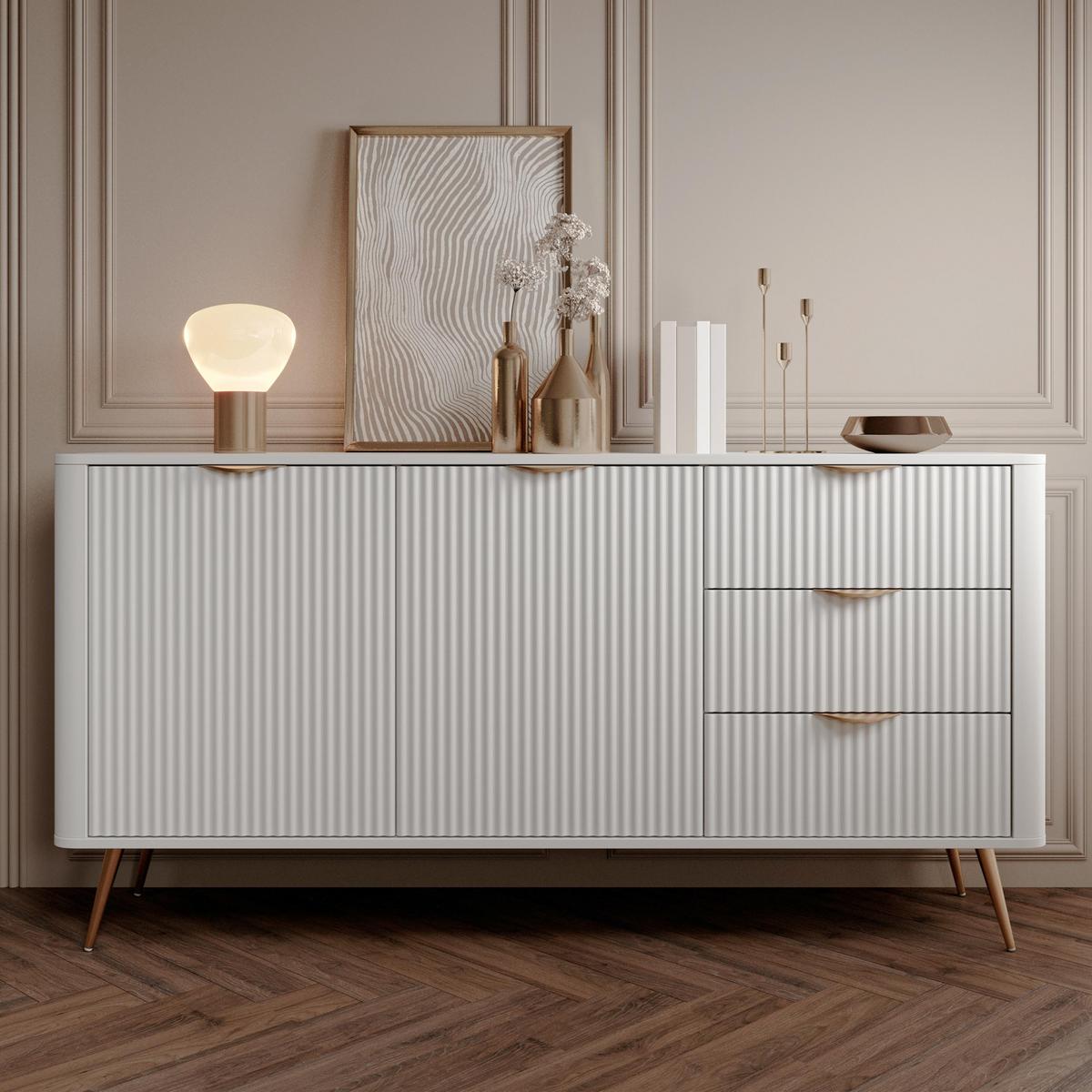 SIDEBOARD Vespasia 2T 3S Beige 163,2/81,2/38 cm – Geriffelte Fronten - Goldfarben/Weiß, Holzwerkstoff/Metall (163.2/81.2/38cm) - AX Living
