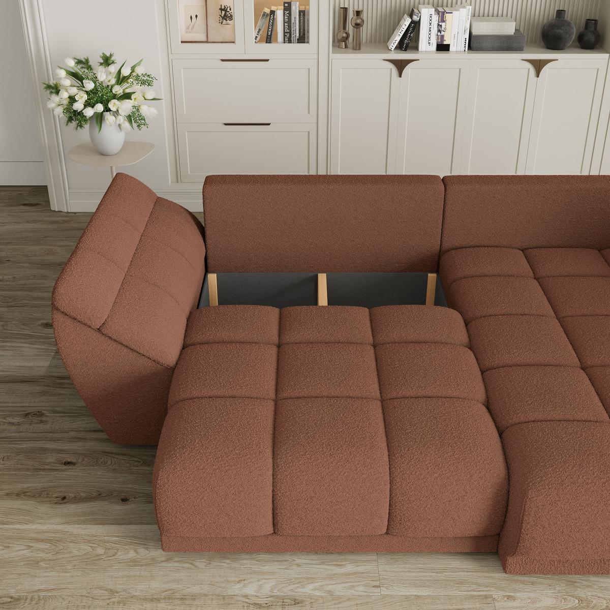 ECKSOFA ORENTI R-S Kupferfarben Boucle-Stoff mit Schlaffunktion - Kupferfarben, Holz (287/182cm) - MASSENO