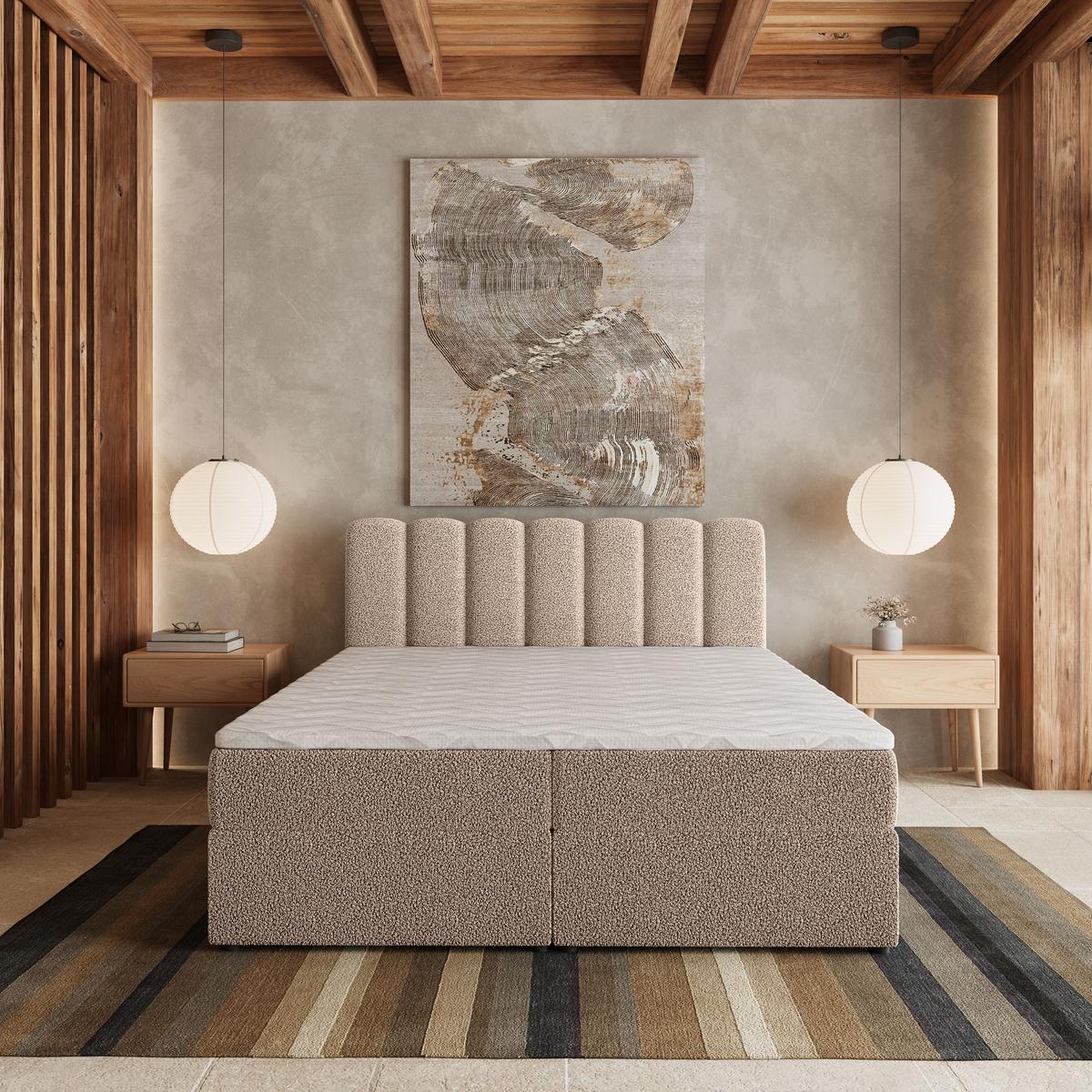 BOXBETT SOLIA 180x200 cm mit Matratze und Topper, H2+H3 - Beige - Beige, Holz (180/200cm) - MASSENO
