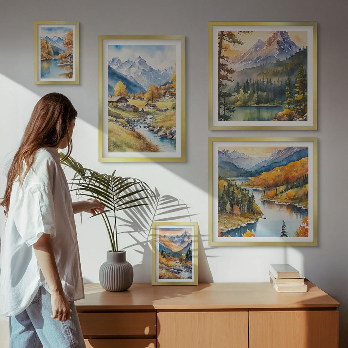 BILDER SET 5er Set - 50x50 cm & 20x30 cm & 40x60 cm Goldrahmen - Bergblick, Fluss, Herbst - Goldfarben, Kunststoff (40/60cm) - TULUP