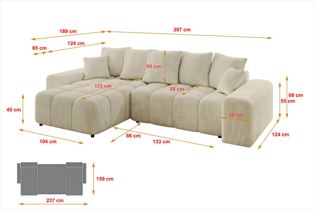 ECKSOFA Ottomane links ENIL-L 297x189x68 Beige Velours - Taupe, Holzwerkstoff/Kunststoff (297/189cm) - ALTDECOR