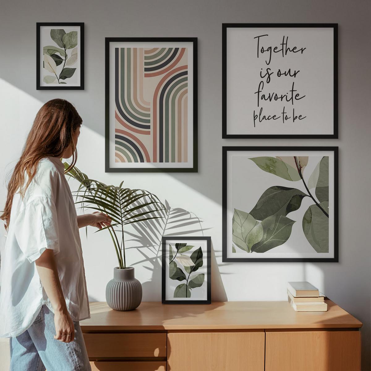 BILDER SET 5er Set - 50x50 cm & 20x30 cm & 40x60 cm Schwarzer Rahmen - Geometrische Pflanzenmotive - Schwarz, Kunststoff (40/60cm) - TULUP