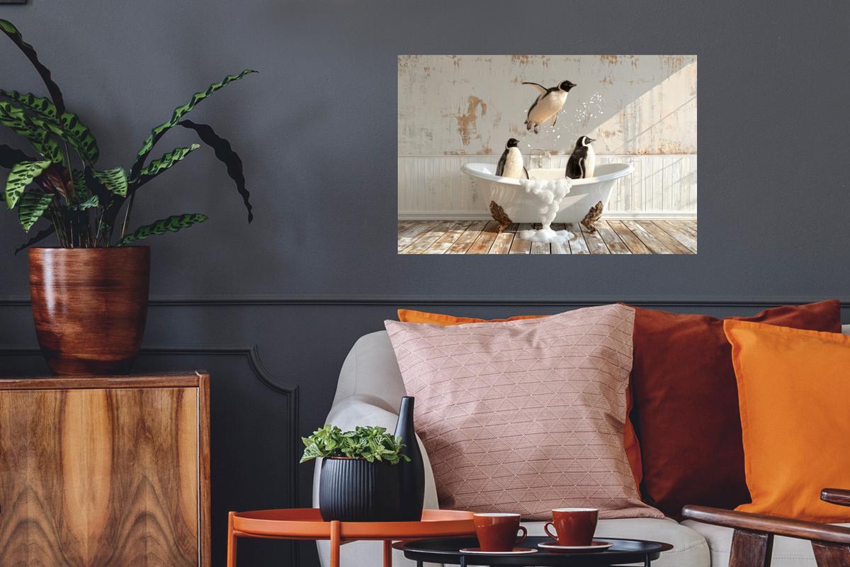 WANDTATTOO Vintage - Pinguin - Badewanne - Schaumstoff Deko Wohnzimmer 60x40 cm - Schwarz, Kunststoff (60/40/0.1cm) - MuchoWow