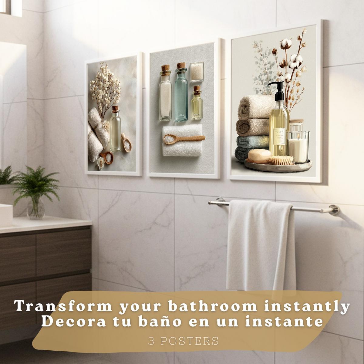 POSTER 3er-Set dekorative Badezimmer-Wandbilder und für Waschbecken, Dusche, WC mit Flaschen, Badesalz und Handtüchern, Naturstil Rahmenlos A4 - Klar, Papier (29.7/21/3cm) - Nacnic