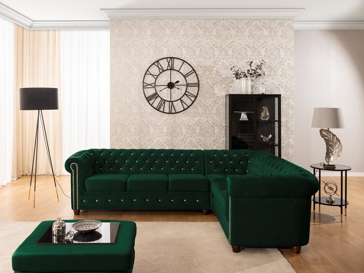ECKSOFA Chesterfield Cleo Blink Flasche Grün Samt mit Kristallsteppung und braunen Massivholzfüßen - Ottomane Rechts - Braun/Grün, Holz/Textil (264/210cm) - S-Style Möbel