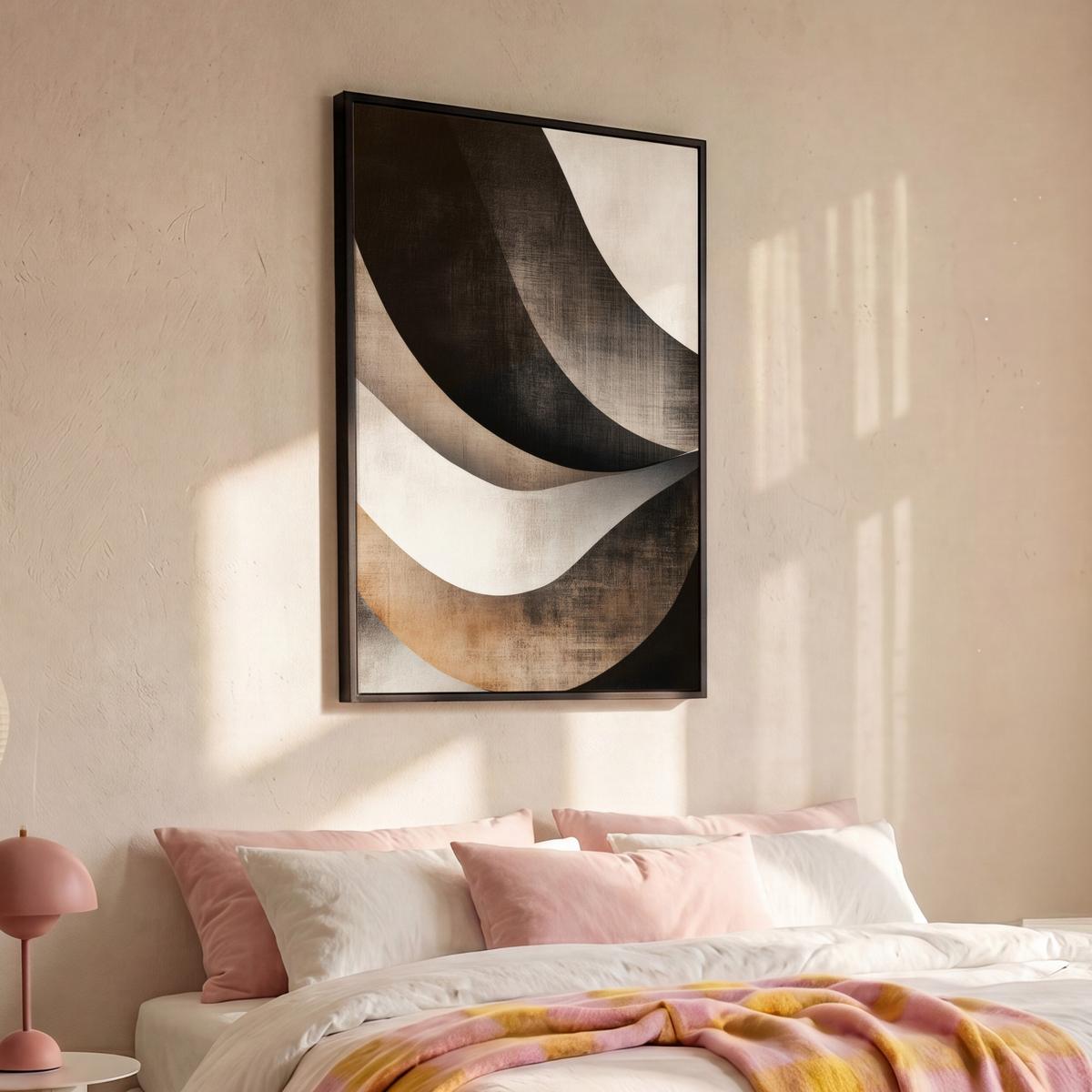 LEINWAND Bilder mit Rahmen - Abstrakt - Wellen - Schwarz - Verwittert - 90x140 - Trüffeleichefarben, Textil (90/140cm) - MuchoWow