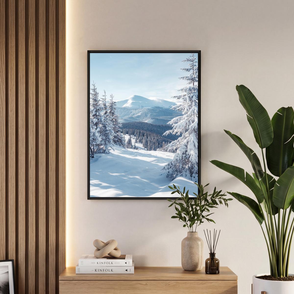 LEINWAND Bilder mit Rahmen - Winterlandschaft - Natur - Berge - Bäume - Schnee - 50x70 - Hellblau, Textil (50/70cm) - MuchoWow