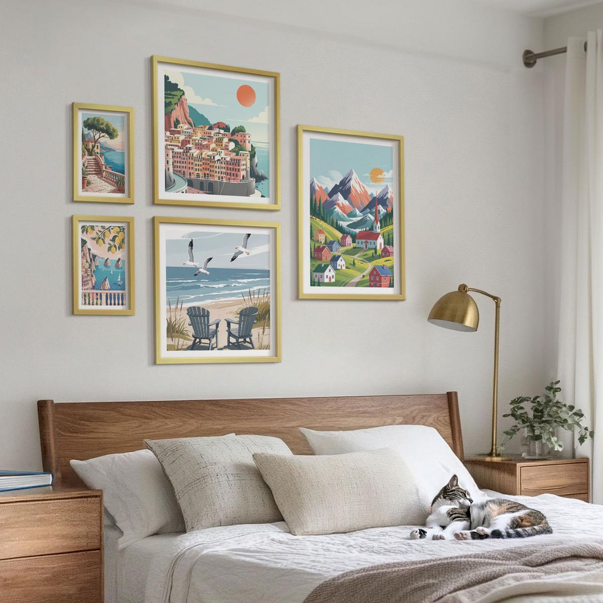 BILDER SET 5er Set - 50x50 cm & 20x30 cm & 40x60 cm Goldrahmen - Pastellfarbene Küstenhäuser - Goldfarben, Kunststoff (40/60cm) - TULUP