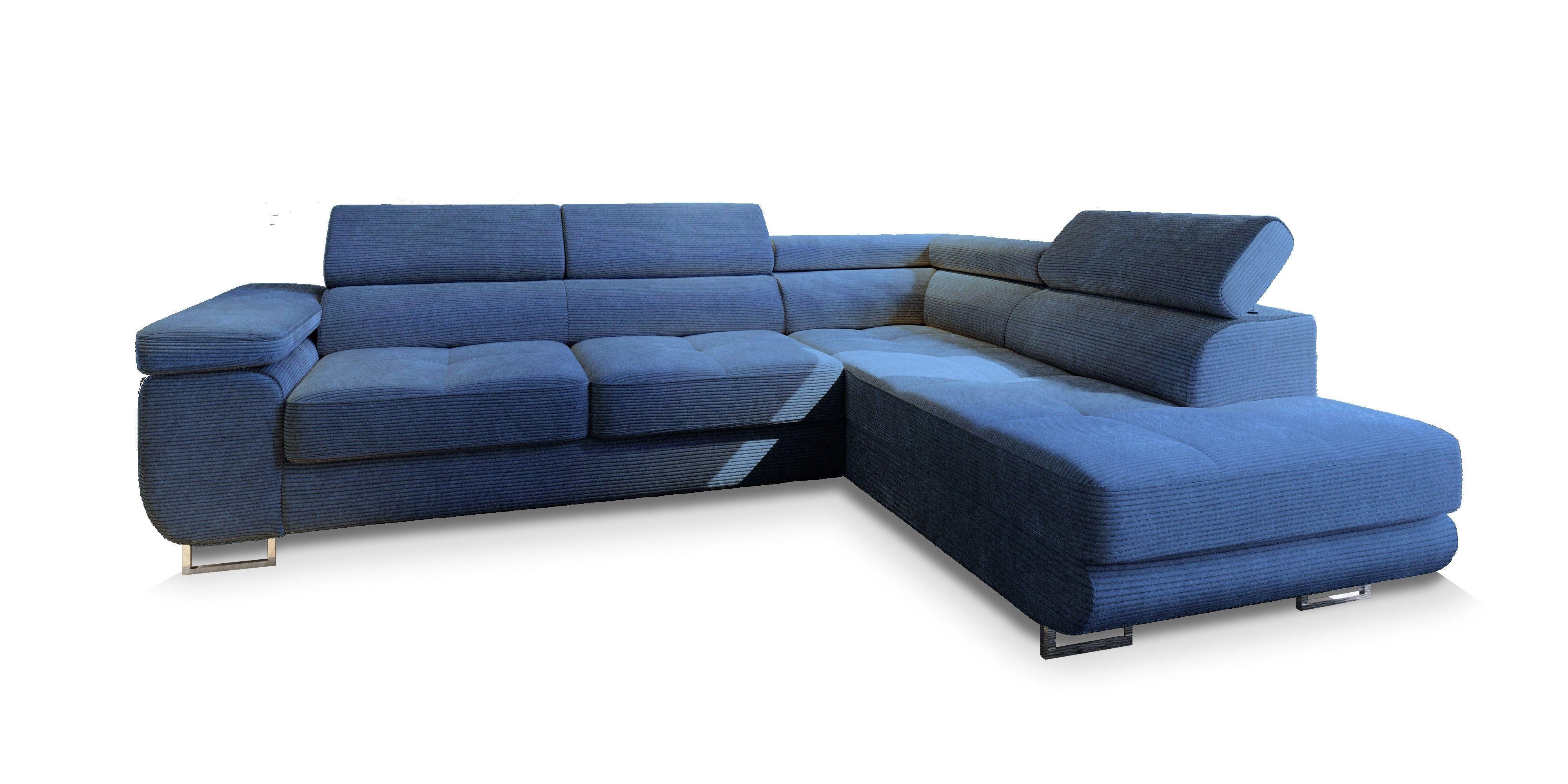 ECKSOFA APIRO R-S Blau Kordstoff mit Schlaffunktion - Blau/Silberfarben, Holz/Textil (276/202cm) - MASSENO