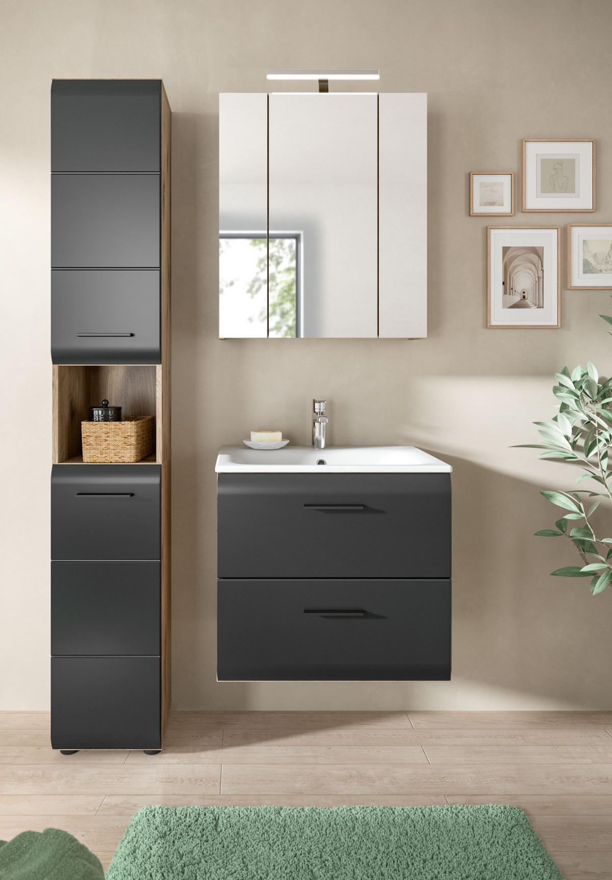 HOCHSCHRANK schwarz matt, Eiche Nox, Badschrank 2-türig 30 cm, 7 Fächer - Eichefarben/Schwarz, Holzwerkstoff/Kunststoff (30/185/30cm) - Inn.Furn