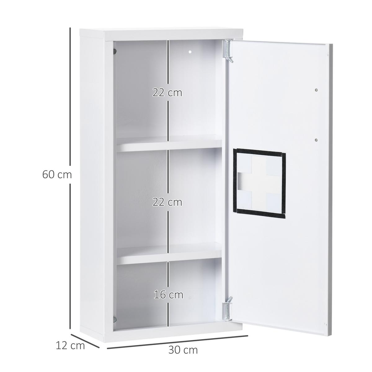 MEDIZINSCHRANK, Erste Hilfe , mit 3 Innenfächern, Magnetverschluss, Stahl, Weiß - Weiß, Metall (12/60/30cm) - Kleankin