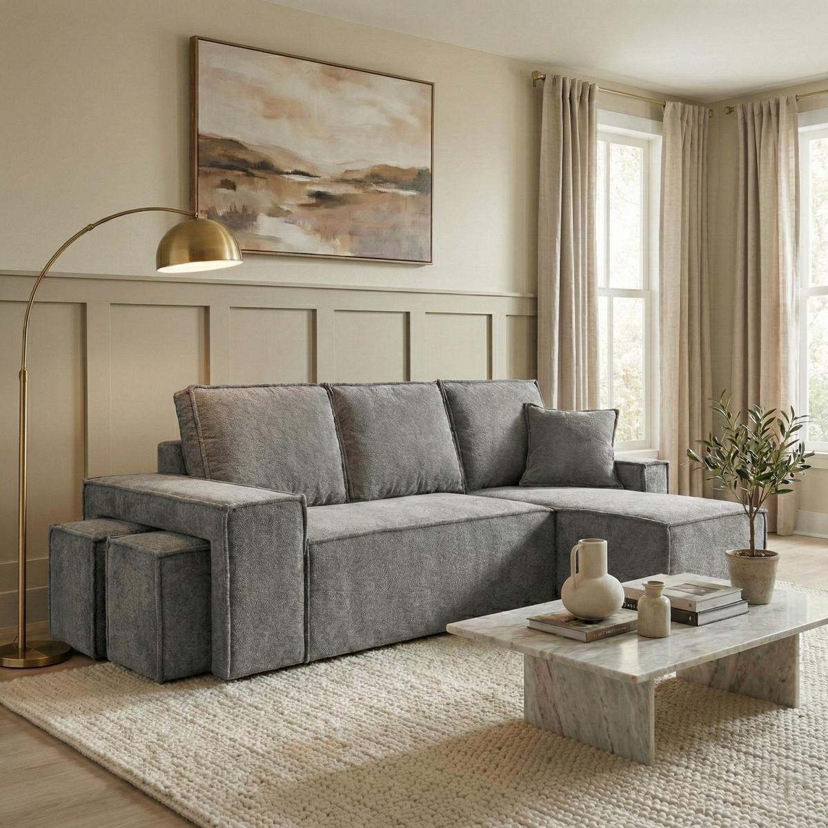 ECKSCHLAFSOFA Colby mit Schlaffunktion und zwei Hockern, universeller Ottomane, Grau - Grau, Textil (265/155cm) - Beautysofa