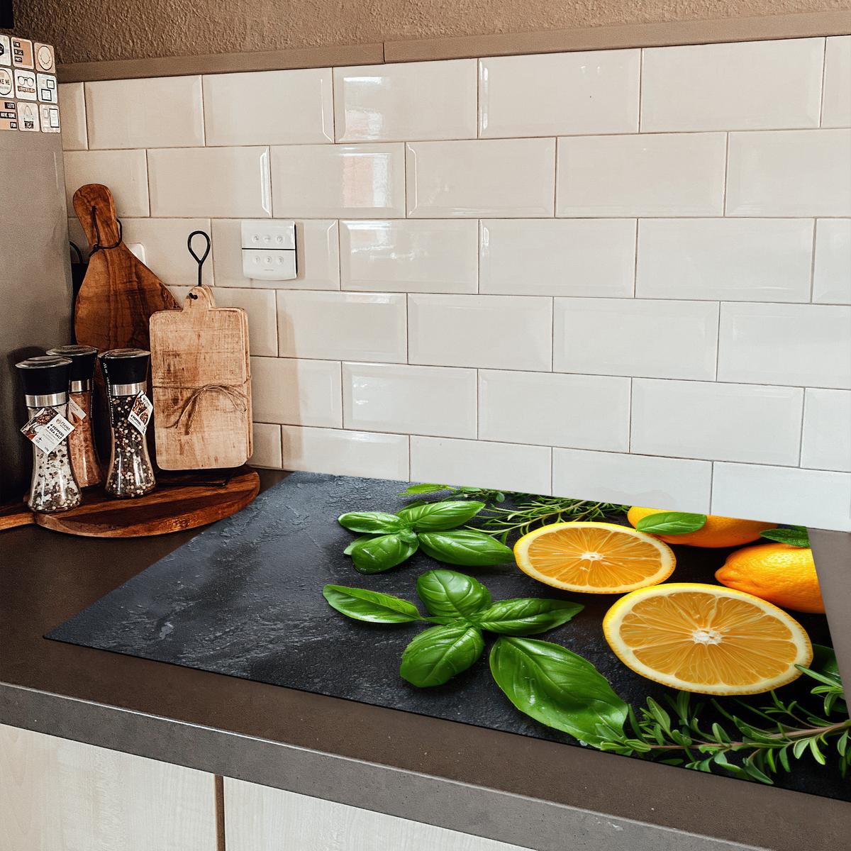 HERDABDECKPLATTE Obst - Grau - Konkret - Orange - Pflanzen Ceranfeldabdeckung 78x52 cm - Anthrazit, Kunststoff (78/52/0.2cm) - MuchoWow