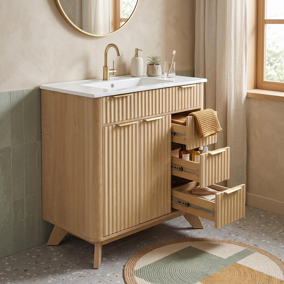WASCHTISCHUNTERSCHRANK Holzoptik Wellenmuster 3 Schubladen & Doppeltüren - Naturfarben, Holzwerkstoff (81/90/47cm) - Urban Meuble