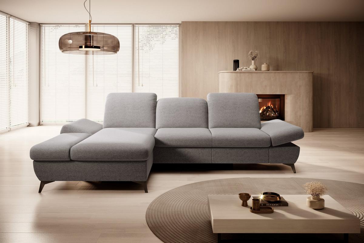 ECKSOFA FELICE L-S Hellgrau Geflochtener Stoff mit Schlaffunktion - Hellgrau, Holz (284/166cm) - MASSENO
