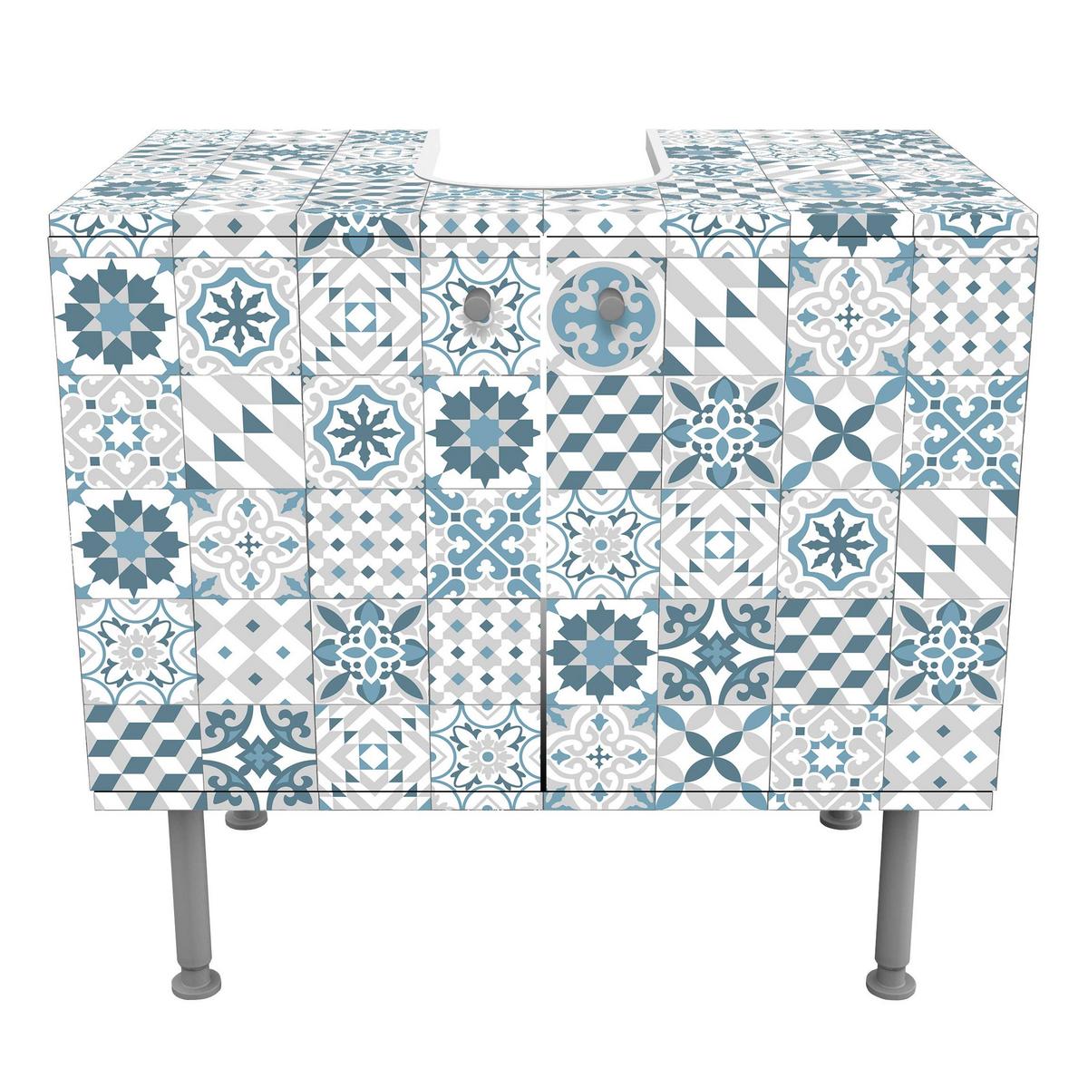 WASCHBECKENUNTERSCHRANK Geometrischer Fliesenmix Blaugrau 60/55/35 cm - Blau, Holzwerkstoff (60/55/35cm) - Bilderwelten