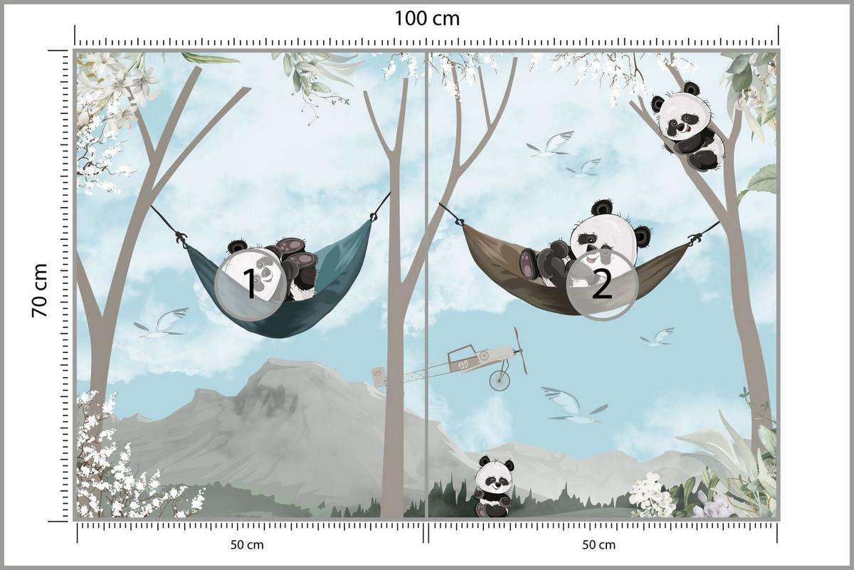 FOTOTAPETE für Kinderzimmer Pandas in Hängematten Märchenwald Blumen Berge 100x70 - Schwarz/Weiß, Papier (100/70cm) - Muralo