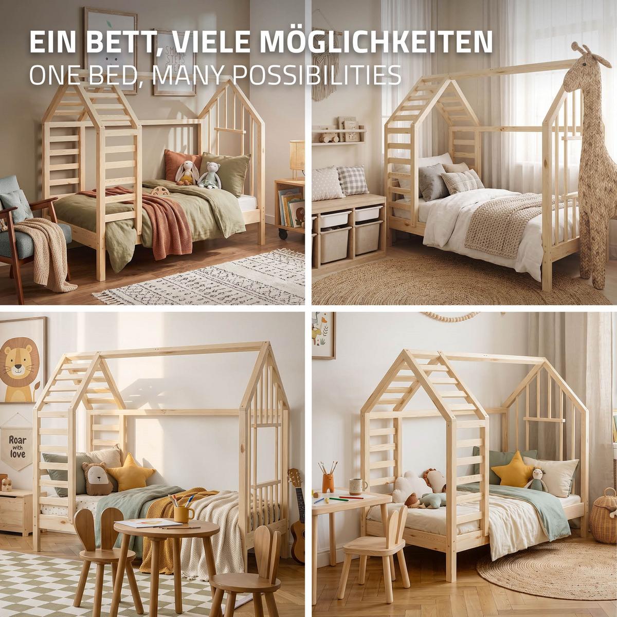 KINDERBETT 70x140 cm mit Lattenrost Dach und Fenster Hausbett aus massivem Kiefernholz Natur - Naturfarben, Holz (70/140cm) - ML-DESIGN