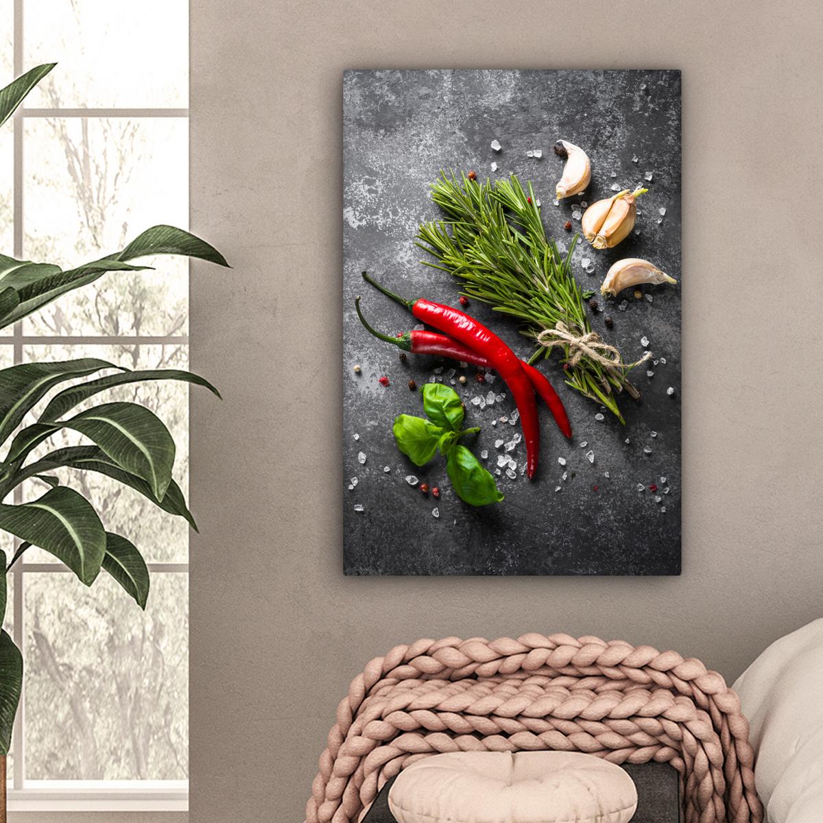 LEINWANDBILD Pfeffer - Kräuter - Gewürze - Beton Wanddeko Schlafzimmer 60x90 cm - Dunkelgrau, Textil (60/90cm) - MuchoWow