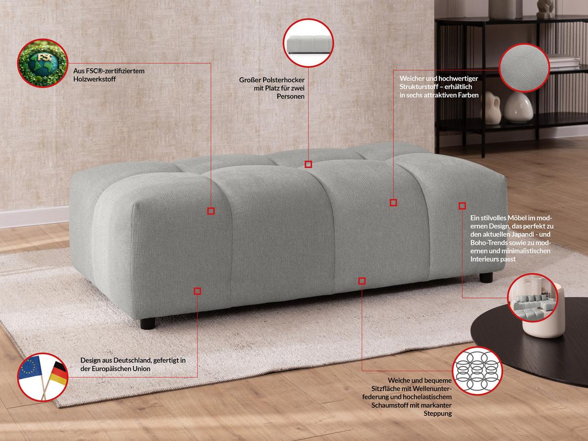 HOCKER Bubble mit Sitzfläche in Bubble-Optik aus weichem Hellgrau Strukturstoff mit schöner Sitzkomfort - Hellgrau/Schwarz, Holz/Kunststoff (147/42/74cm) - S-Style Möbel