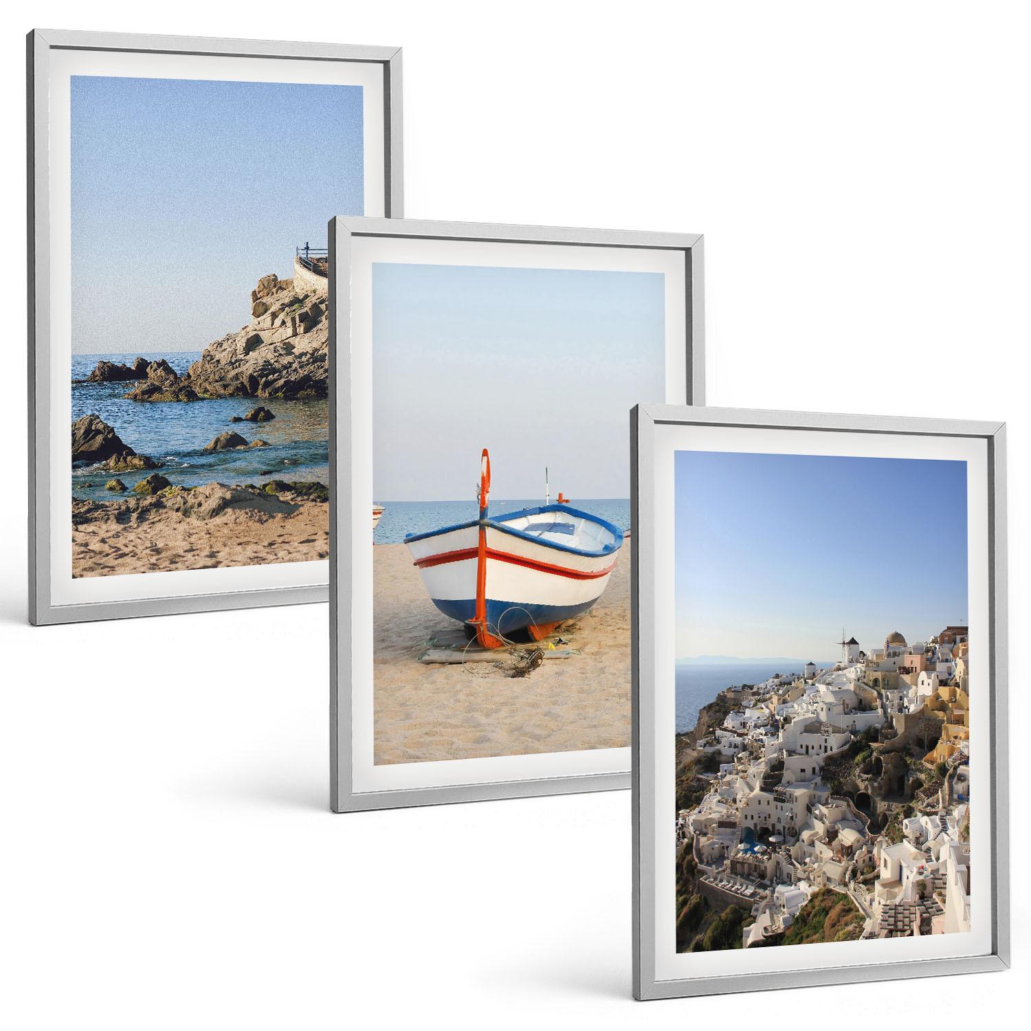 BILDER SET 3er Set - 40x60 cm Silberner Rahmen - Ansichten von Griechenland mit einem Boot und Häusern - Silberfarben, Kunststoff (40/60cm) - TULUP