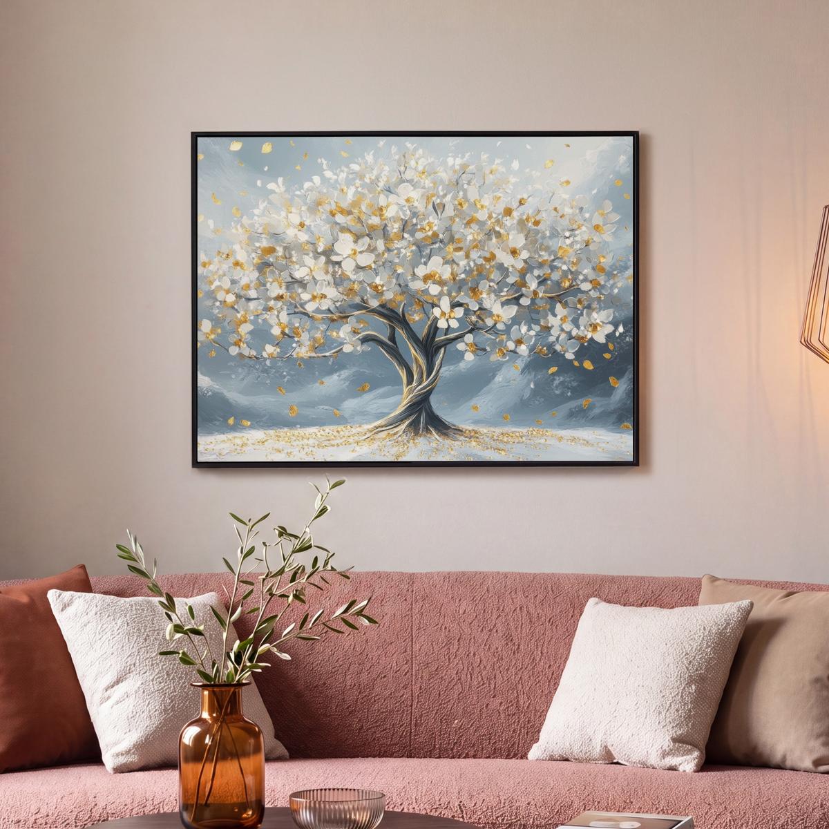 LEINWAND Bilder mit Rahmen - Baum - Winter - Baum des Lebens - Modern - Gold - 70x50 - Goldfarben, Textil (70/50cm) - MuchoWow