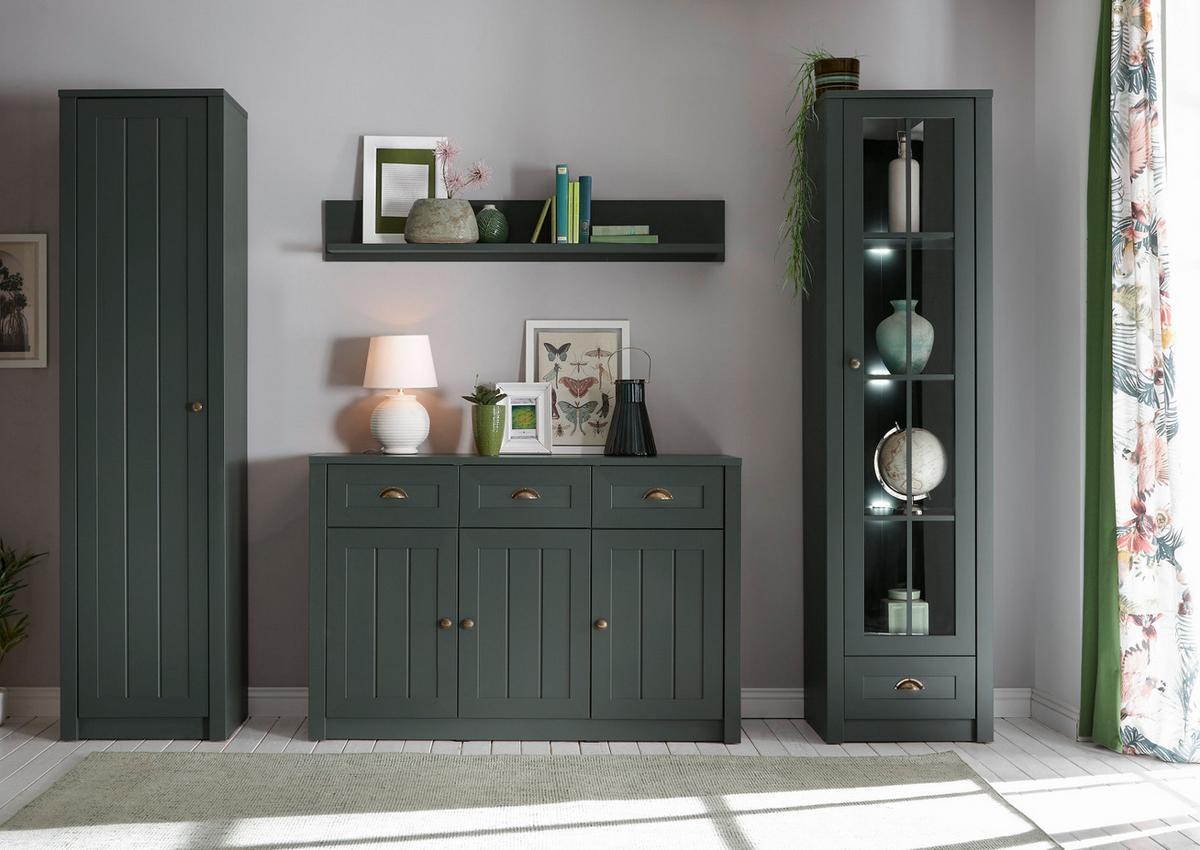 WOHNWAND grün Landhaus 4-teilig 270 cm, Wohnkombination mit viel Stauraum - Chromfarben/Schwarz, Glas/Holzwerkstoff (270/198/43cm) - Furn.Design