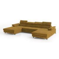 WOHNLANDSCHAFT DETTI Gelb Velours-Stoff mit Schlaffunktion - Gelb, Holz (339/89/190cm) - MASSENO