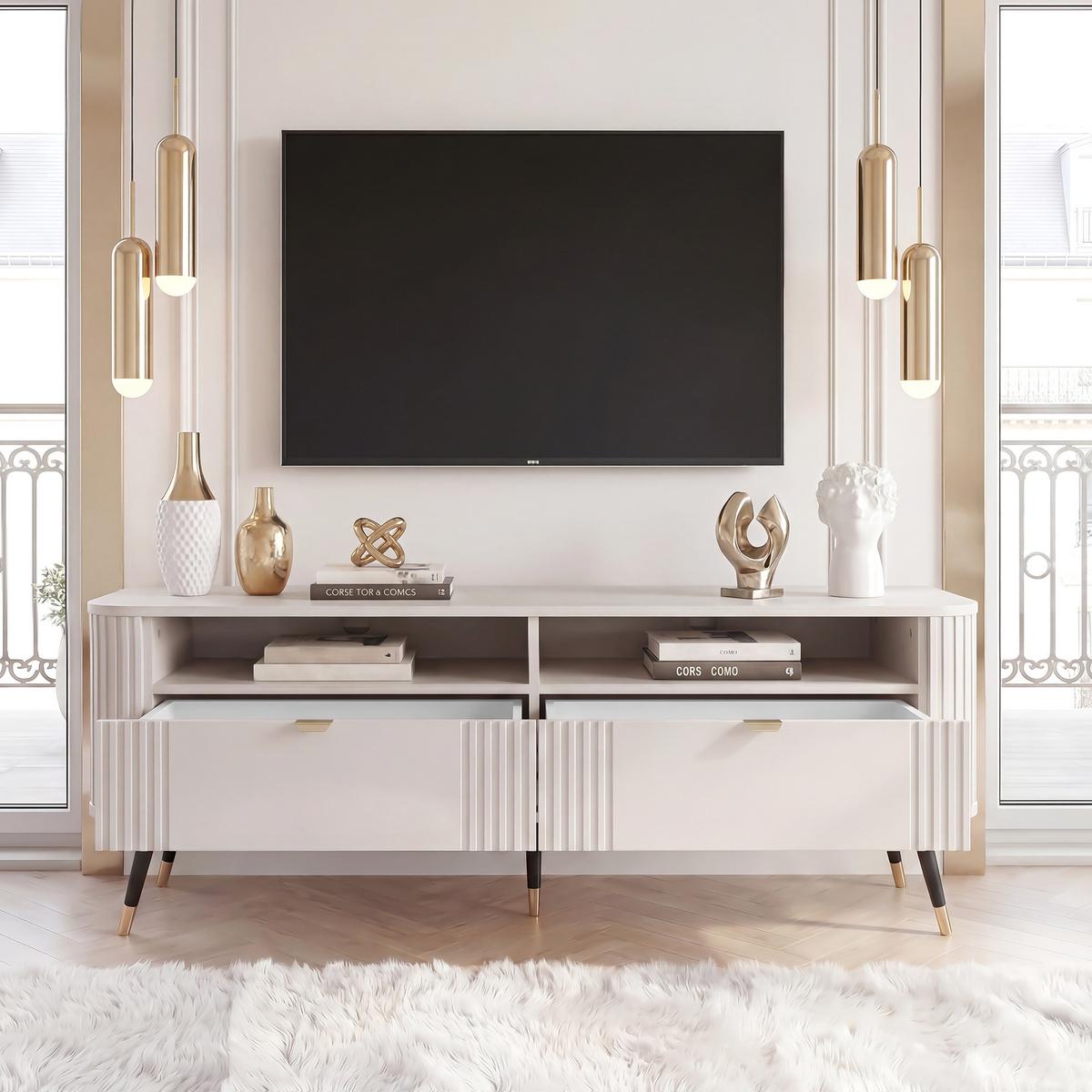 TV-SCHRANK AURA auf Füßen mit geriffelter Front - Beige, Holzwerkstoff (138/53/40cm) - Idohome