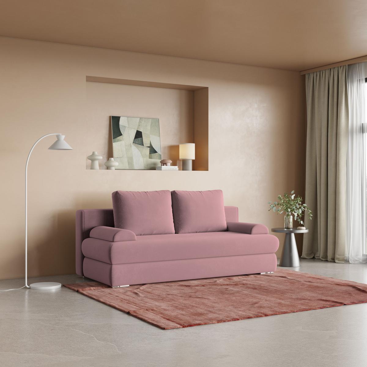 SCHLAFSOFA ASPERO Rosa Plüsch-Stoff mit Schlaffunktion - Rosa, Holz (200/95/75cm) - MASSENO