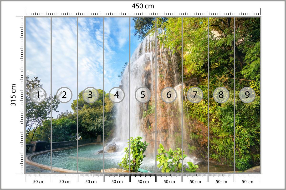 FOTOTAPETE für Wohnzimmer Wasserfall Nizza Felsen Pflanzen Bäume 450x315 - Blau/Beige, Papier (450/315cm) - Muralo