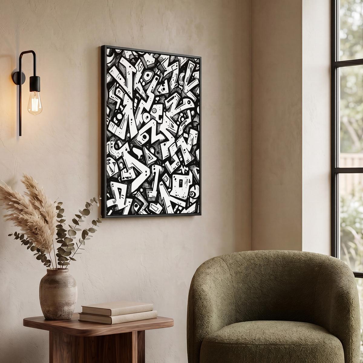 LEINWAND Bilder mit Rahmen - Formen - Buchstaben - Graffiti - Schwarz - 60x80 - Schwarz, Textil (60/80cm) - MuchoWow