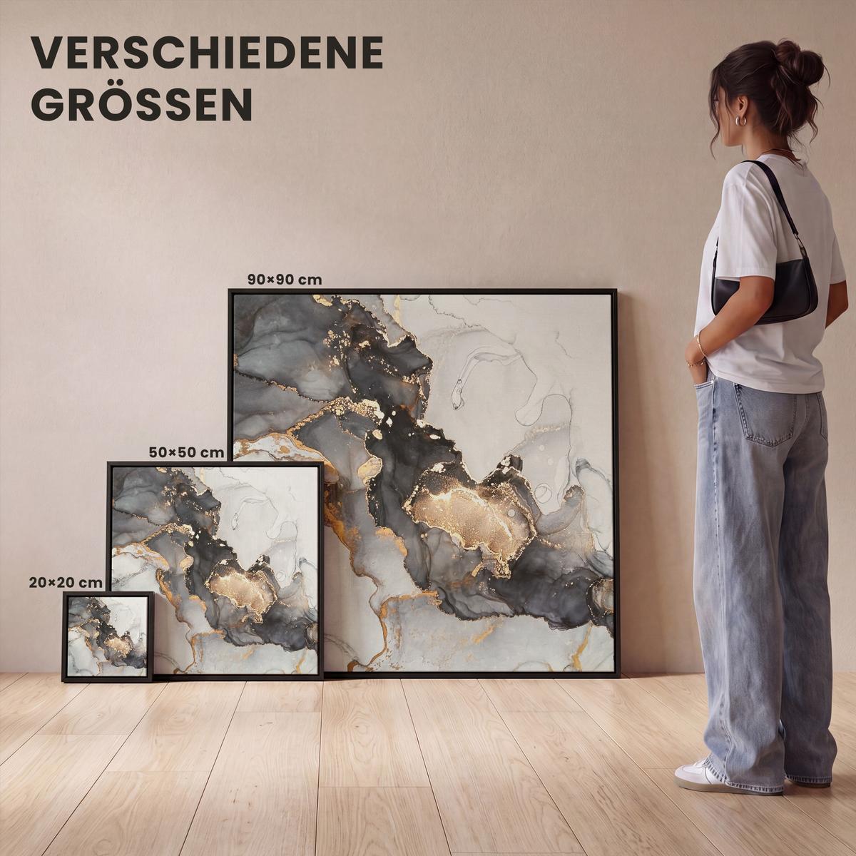LEINWAND Bilder mit Rahmen - Marmor - Schwarz - Weiß - Gold - Luxus - Abstrakt - 90x90 - Goldfarben, Textil (90/90cm) - MuchoWow