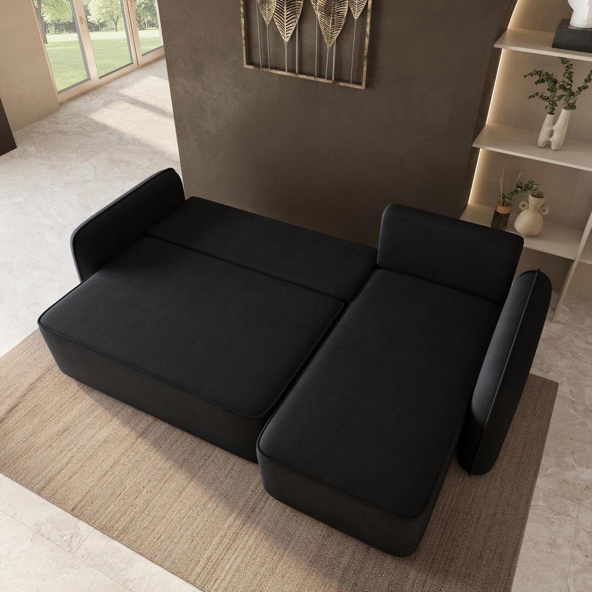 ECKSOFA DOLVER Schwarz Plüsch-Stoff mit Schlaffunktion - Schwarz, Holz (238/156cm) - MASSENO