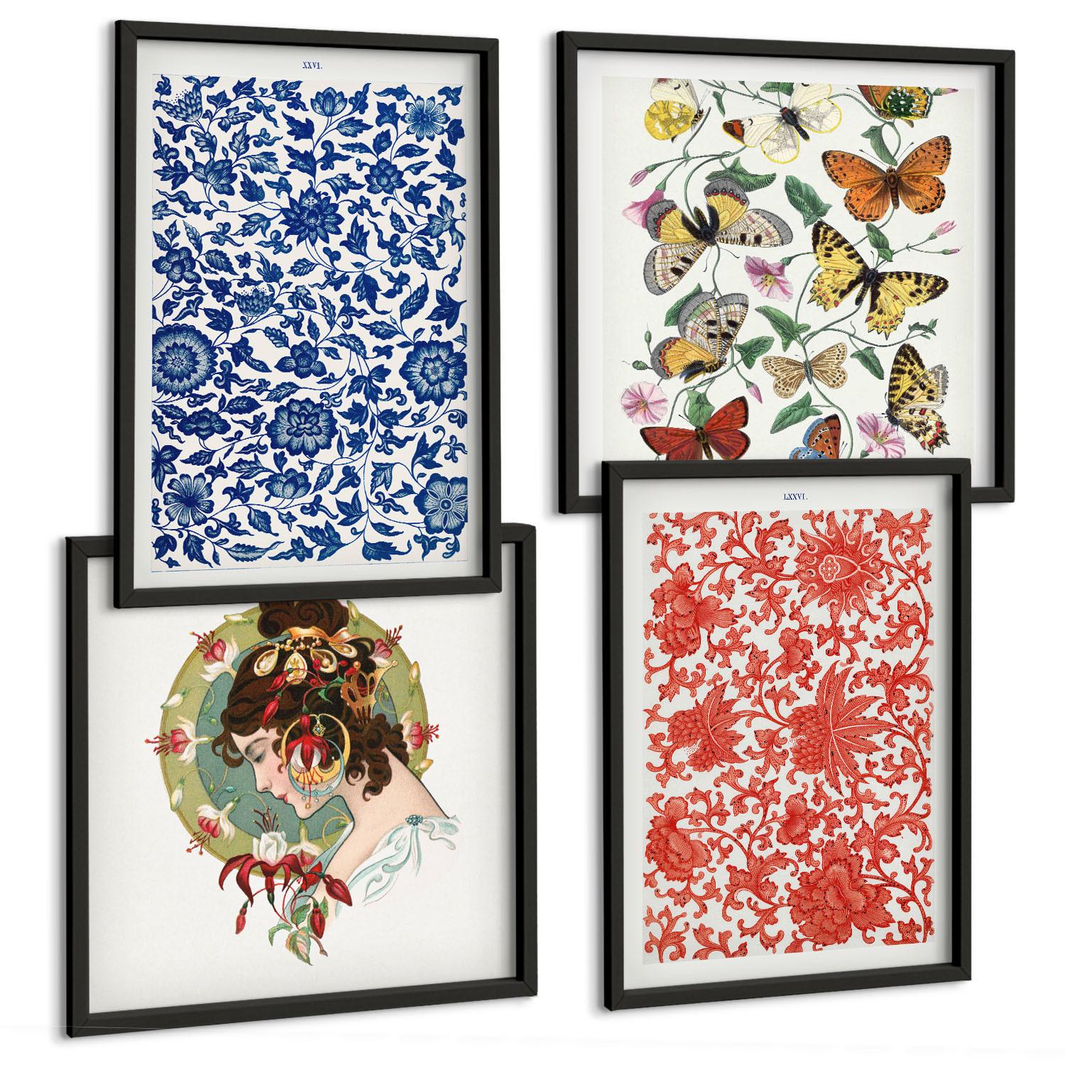 BILDER SET 4er Set - 50x50 cm & 40x60 cm Schwarzer Rahmen - Vintage-Blumen-Schmetterlings-Ornamente - Schwarz, Kunststoff (50/50cm) - TULUP