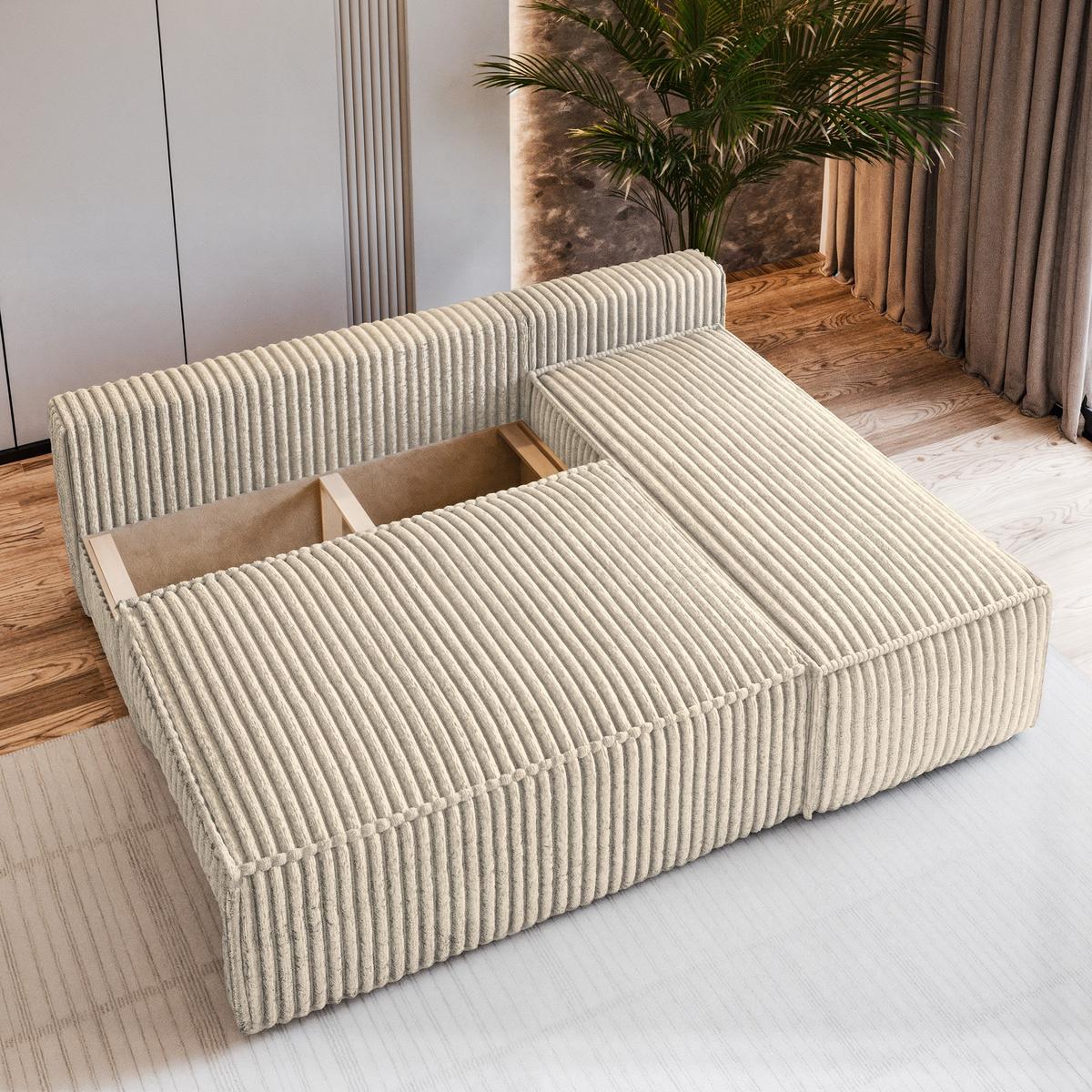 ECKSOFA BRISO T Creme Kordstoff mit Schlaffunktion - Creme/Grau, Holz/Kunststoff (200/140cm) - MASSENO