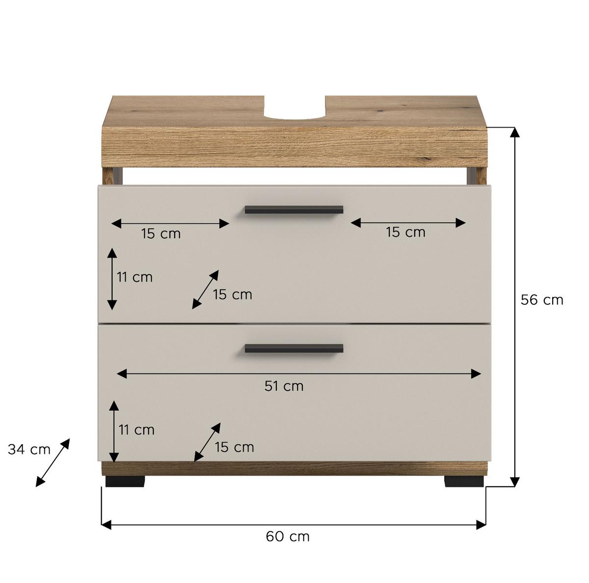 WASCHBECKENUNTERSCHRANK Sand Kaschmir, Evoke Eiche, Badezimmer Unterschrank 60 cm mit Schubkästen - Kaschmir/Eichefarben, Holzwerkstoff/Kunststoff (60/56/34cm) - Inn.Furn