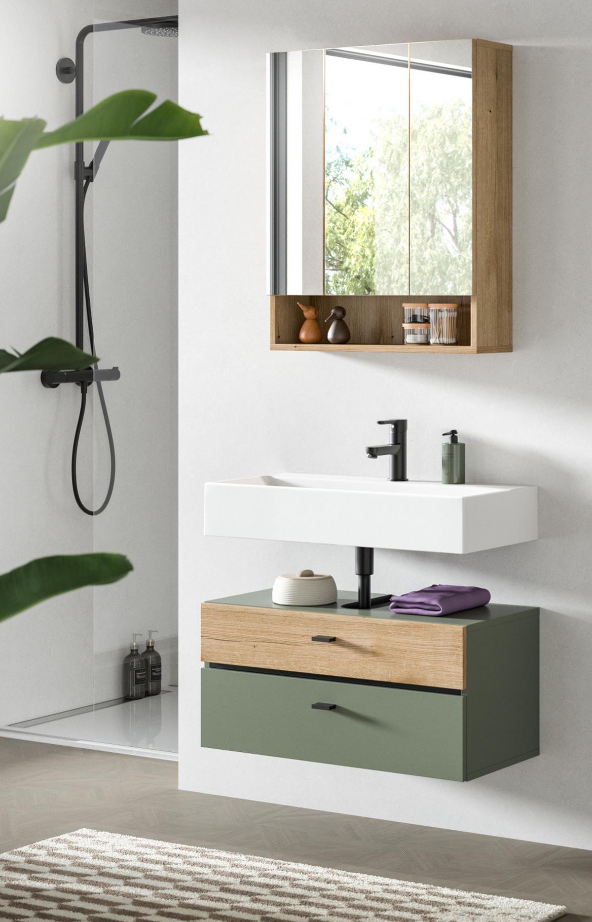 BADMÖBEL-SET grün, Evoke Eiche 2-teilig 75 cm, Badkombination in modernem Design - Eichefarben/Schwarz, Glas/Holzwerkstoff (75/191/35cm) - Inn.Furn