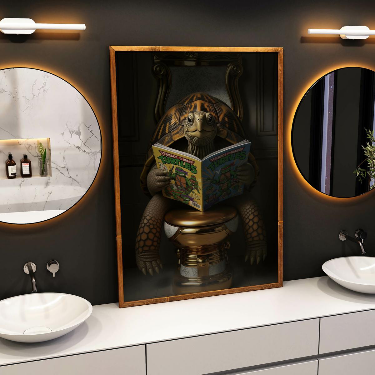 POSTER für Badezimmer WC SCHILDKRÖTE mit Comicbuch auf Toilette Abstraktion 20x30cm - Gelb/Orange, Papier (20/30/30cm) - Muralo