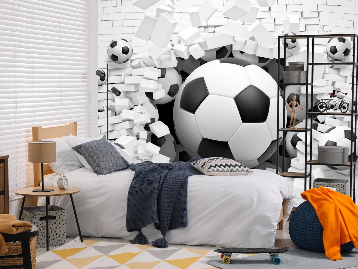 FOTOTAPETE für Jugendzimmer Fußbälle Weiße Ziegelwand Sport 250x175 - Schwarz/Weiß, Papier (250/175cm) - Muralo