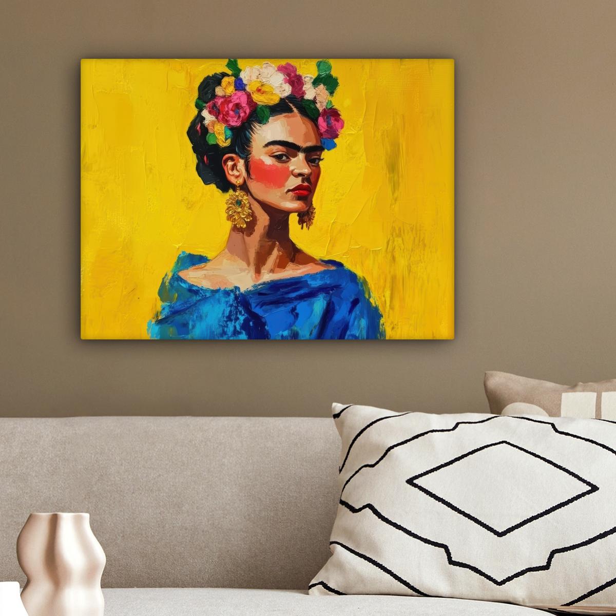 LEINWANDBILD Frida Kahlo - Frau - Gelb - Blau - Blumen Wandbild 40x30 cm - Gelb, Textil (40/30cm) - MuchoWow
