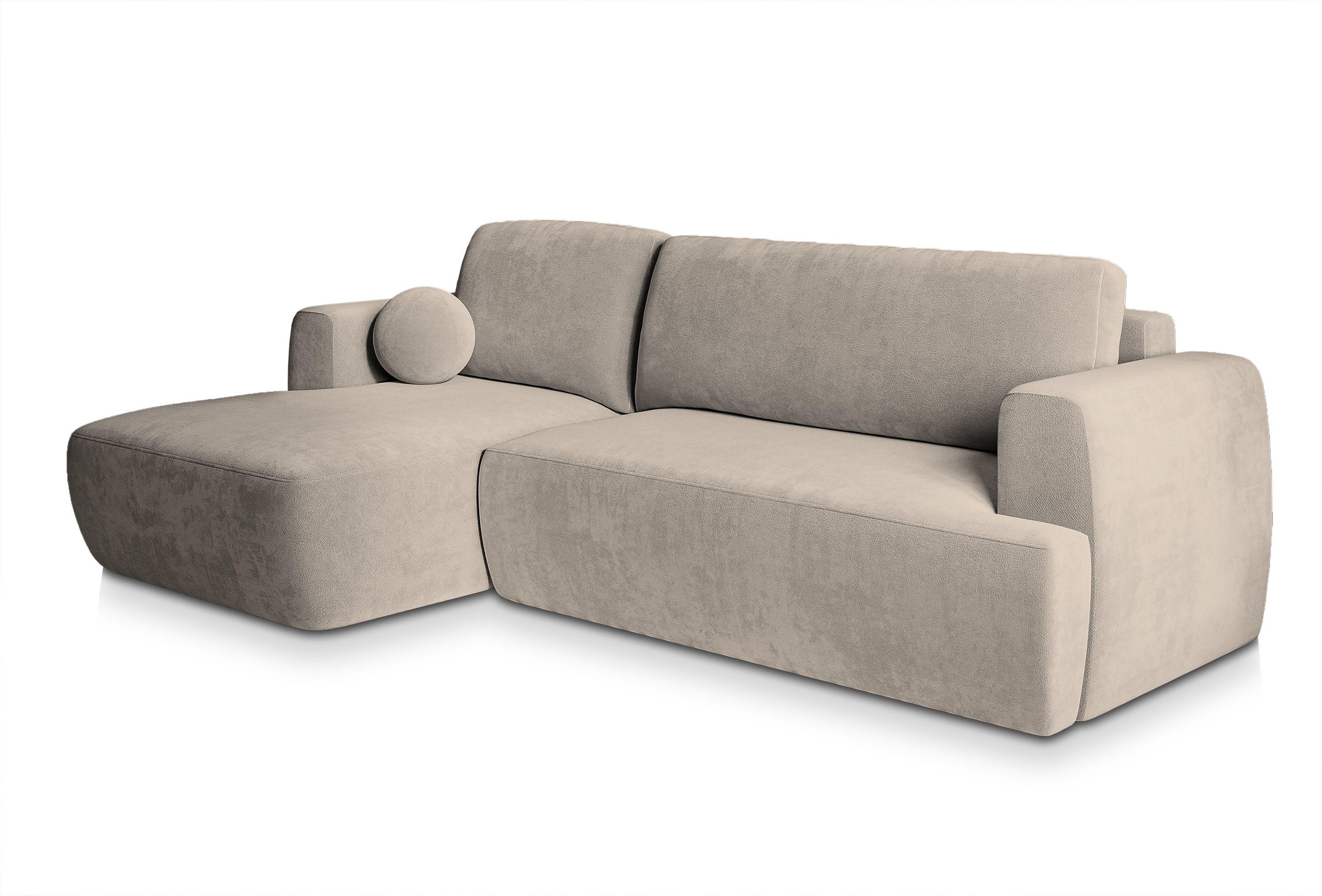 ECKSOFA SENTI K L-S Beige Plüsch-Stoff mit Schlaffunktion - Beige/Schwarz, Holz/Kunststoff (246/148cm) - MASSENO