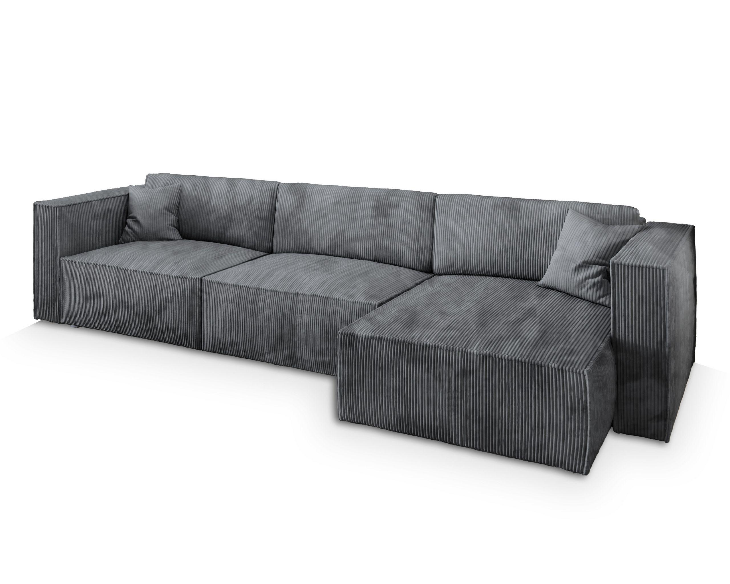 ECKSOFA TOLMO P Grau Kordstoff mit Schlaffunktion - Grau, Holz/Kunststoff (347/148cm) - MASSENO