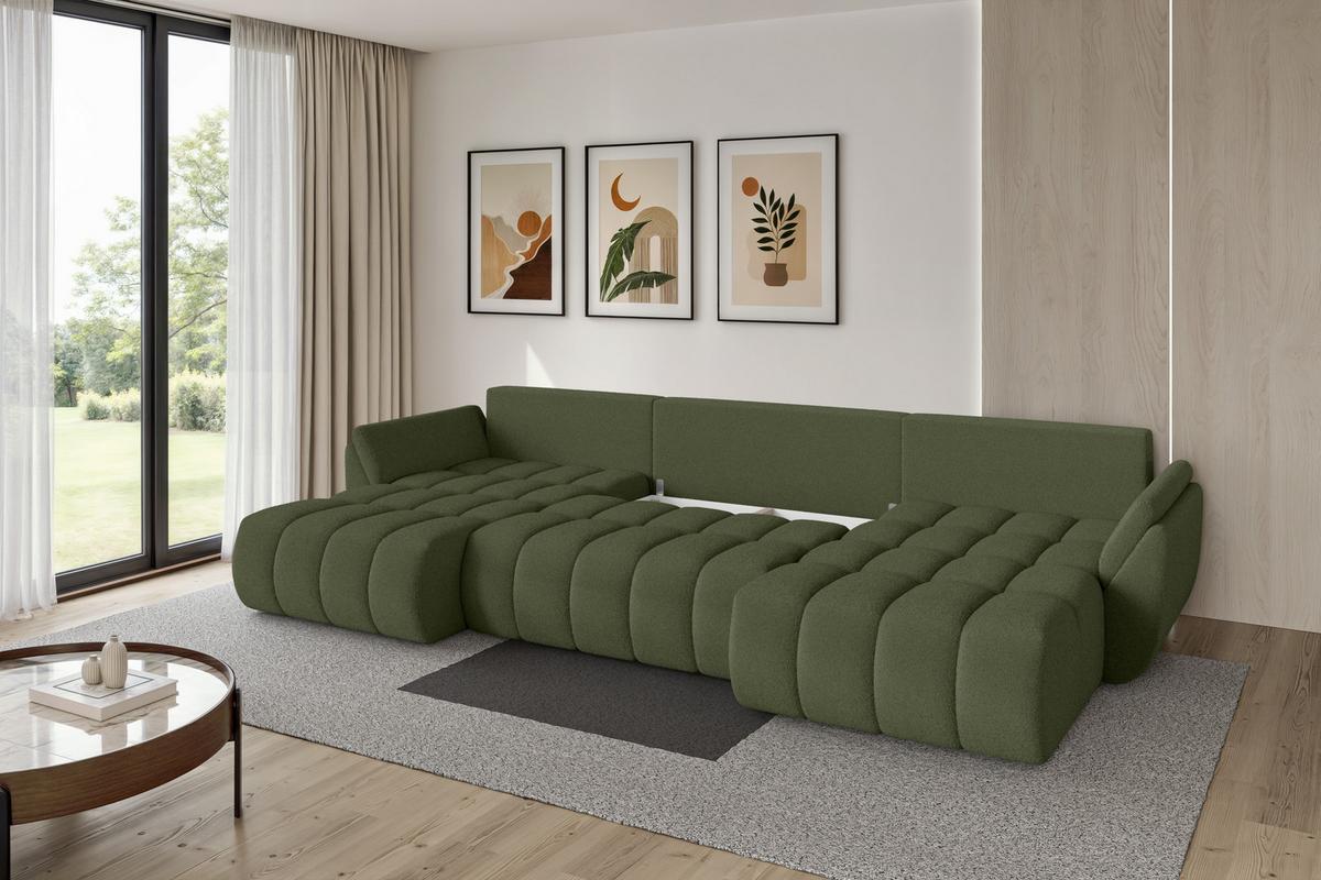 WOHNLANDSCHAFT mit Schlaffunktion und Bettkasten TOKO-U-v1 378x194x86 Grün Bouclé - Schwarz/Olivgrün, Holzwerkstoff/Kunststoff (378/86/194cm) - ALTDECOR