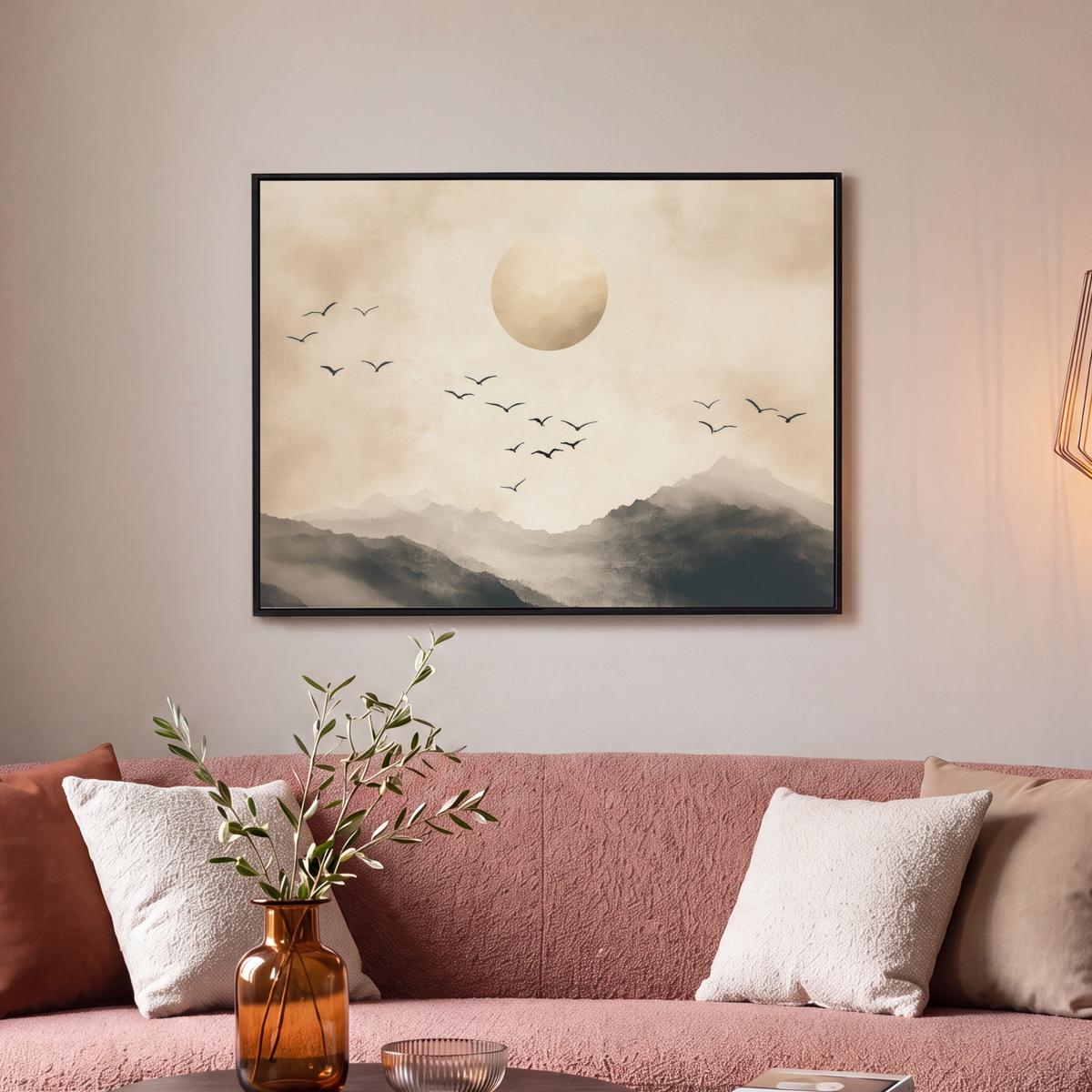 LEINWAND Bilder mit Rahmen - Landschaft - Japandi - Vogel - 80x60 - Beige, Textil (80/60cm) - MuchoWow